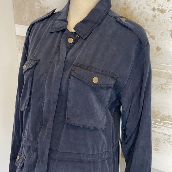 Navy Blue Moto Drawstring Waist button sleeve jacket - Picture 2 of 11